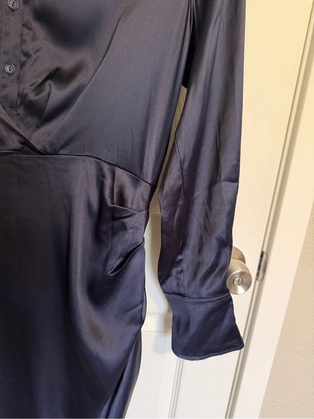 Mila Mae Never Worn Feminine Navy Satin Wrap Midi Dress Long Sleeve Size XL - Picture 4 of 9